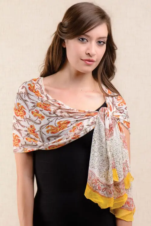 Printed Orange Chiffon Scarf from India