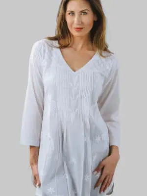 Fair Trade Hand Embroidered White Tunic Top with Chikankari Embroidery