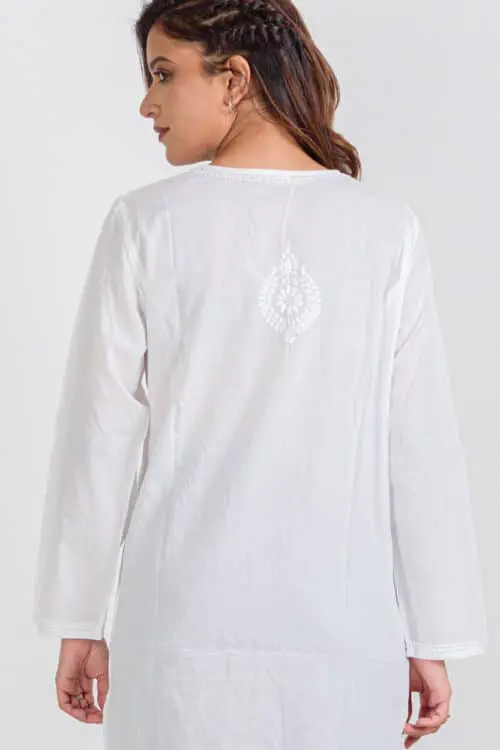 Divya White Embroidered Kurti Back View