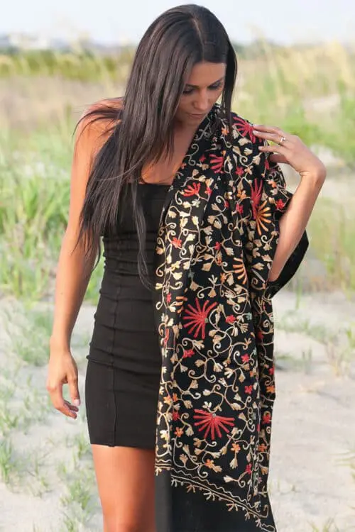 Fair Trade Embroidered Wool Shawl in Black with Multi-color Embroidery