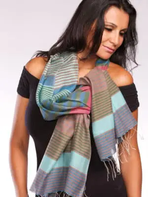 Fair Trade Striped Scarf in Blue and Taupe