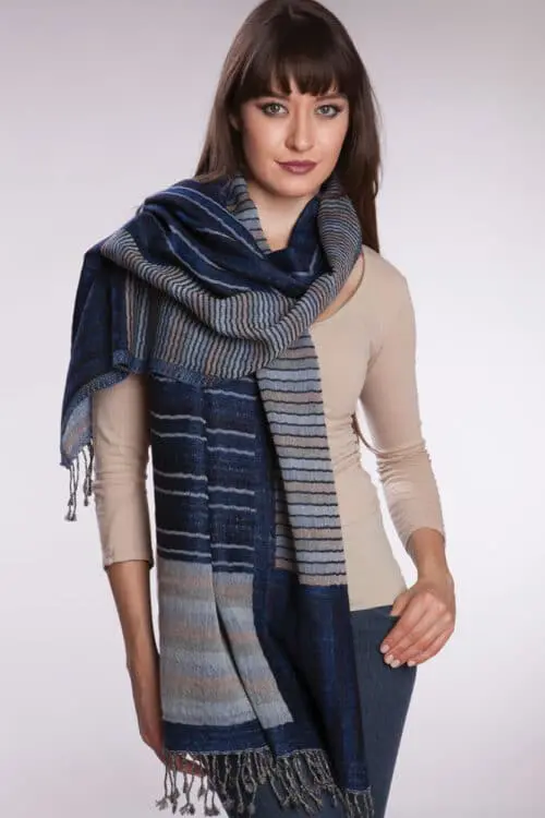 Fair Trade Plaid Navy Wool Shawl from India
