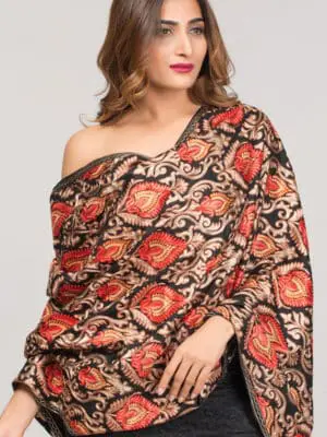 Indian Fine Embroidered Shawl with Earthen Tones on Black Base