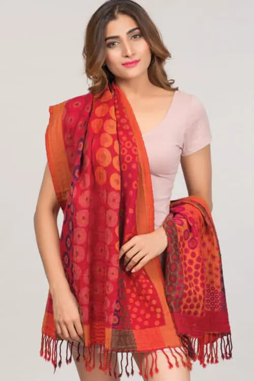 Fair Trade Soft Red Shawl with Orange Circular Weave Design