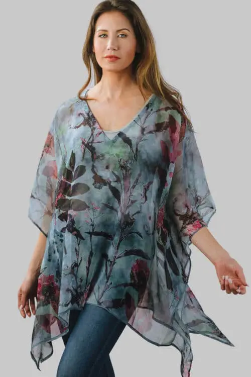 Fair Trade Plus Size Top with Elegant Leaves Print in Silver & Plum