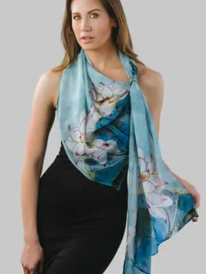 Chiffon Lotus Scarf with Watercolor Print