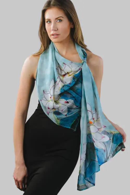Chiffon Lotus Scarf with Watercolor Print
