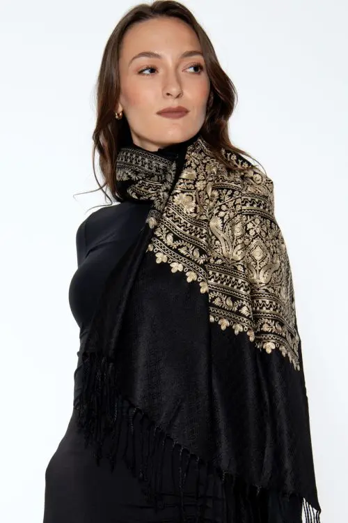 Vimala Black Embroidered Shawl