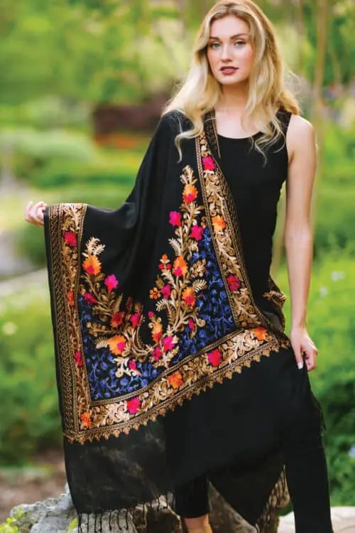 Black Multicolor Embroidered Wool Shawl from India