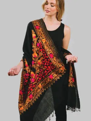 Fine Red Embroidered Wool Shawl from India