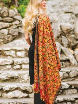 Luxurious Embroidered Shawl from India in Jewel Tones on Black Base