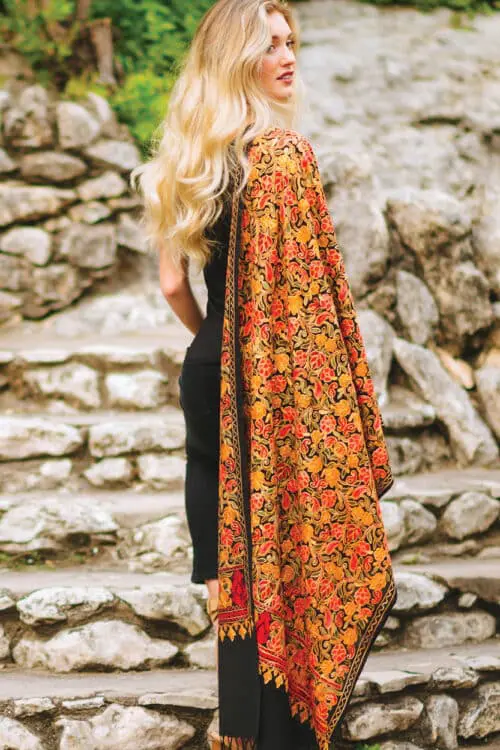 Luxurious Embroidered Shawl from India in Jewel Tones on Black Base