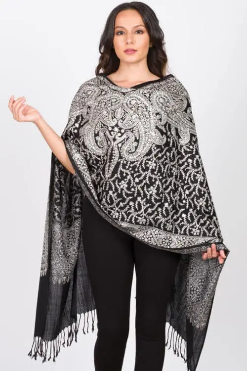 Sanika Silver Embroidered Wool Shawl