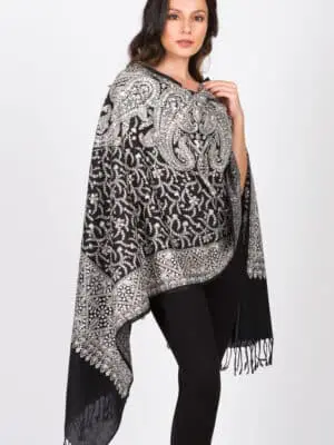Sanika Silver Embroidered Wool Shawl