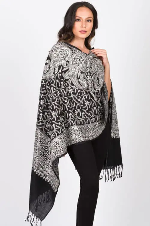 Sanika Silver Embroidered Wool Shawl