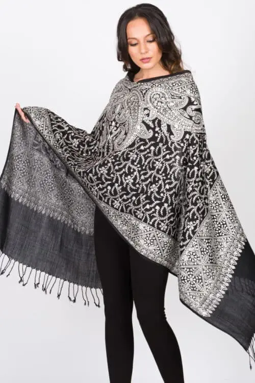 Sanika Silver Embroidered Wool Shawl