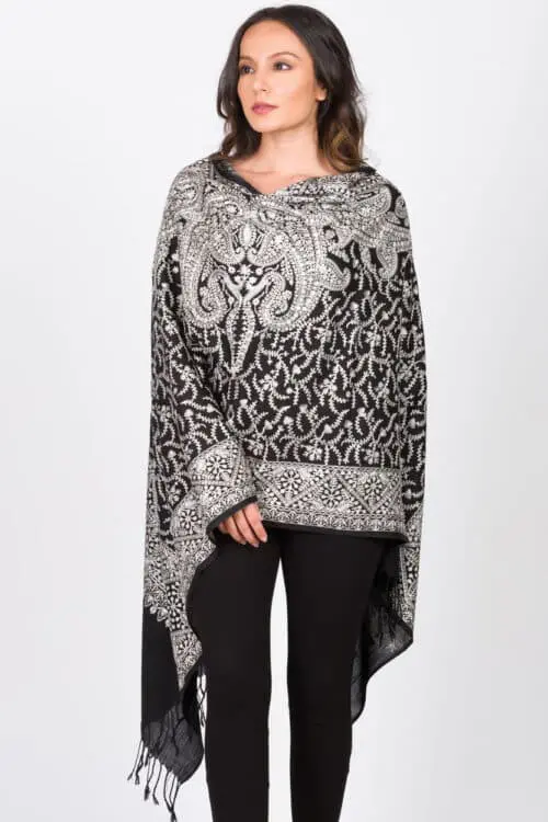Sanika Silver Embroidered Wool Shawl