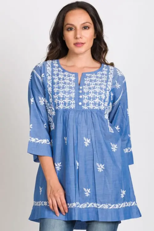 Tarika Blue Embroidered Cotton Tunic