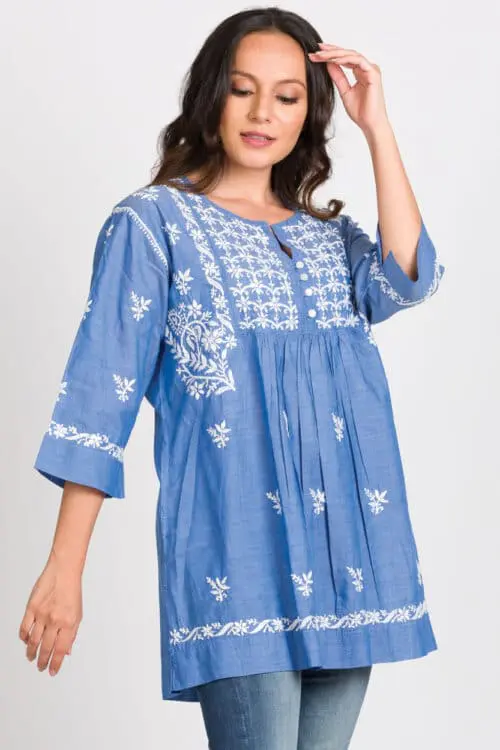 Tarika Blue Embroidered Cotton Tunic