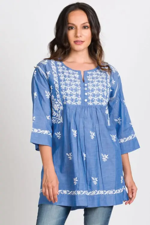 Tarika Blue Embroidered Cotton Tunic