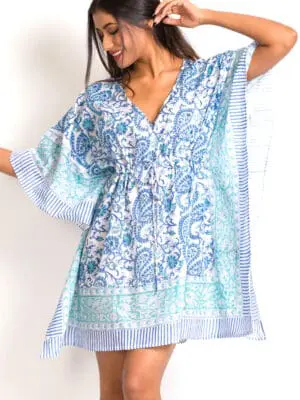 Block Printed Turquoise Kaftan