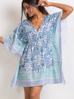 Block Printed Turquoise Caftan