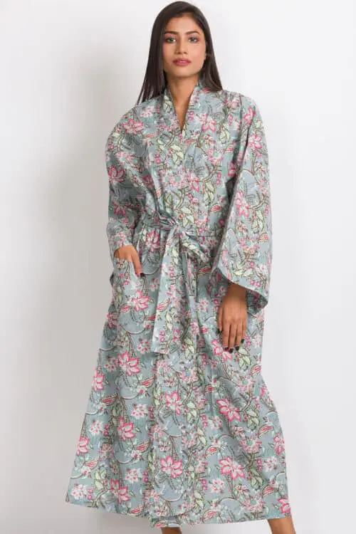 Silver Floral Kimono Robe