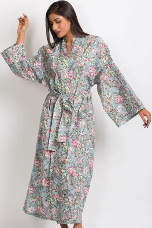 Silver Floral Kimono Robe