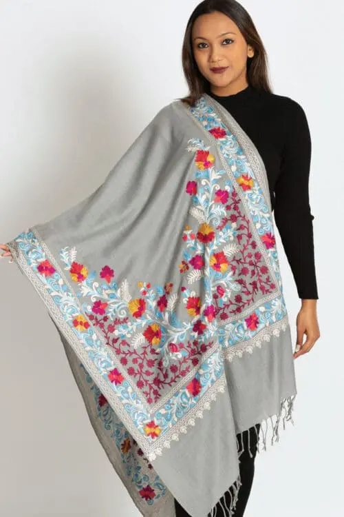 Karuna Embroidered Silver Shawl