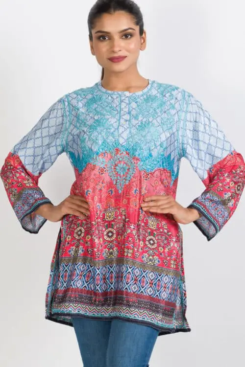 Deena Turquoise Embroidered Tunic Top