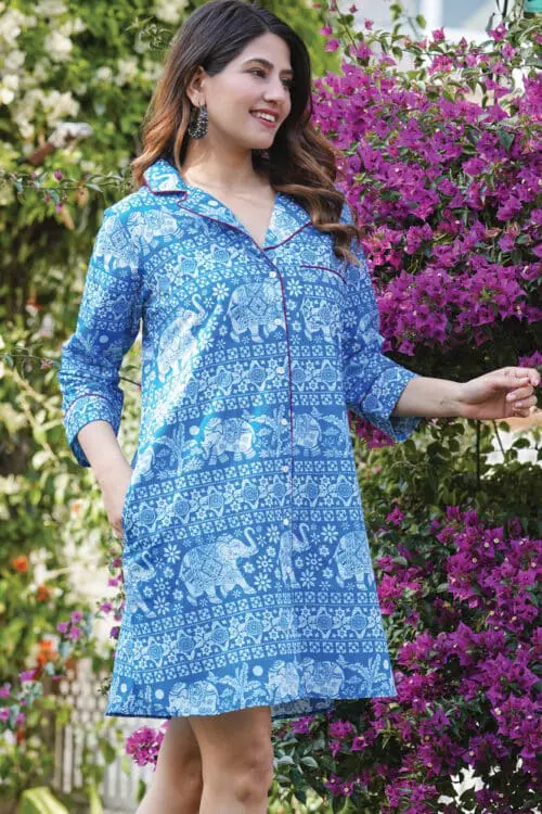 Blue Elephant Print Nightshirt
