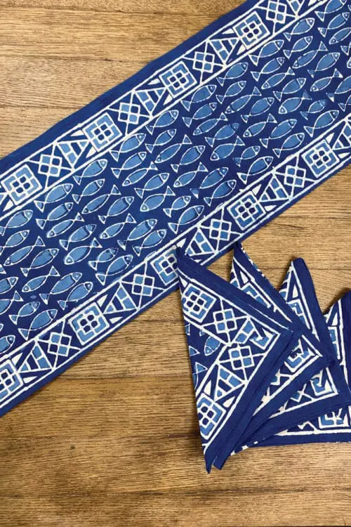 Indigo Fish Table Runner with Napkins