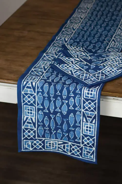 Indigo Fish Table Runner with Napkins
