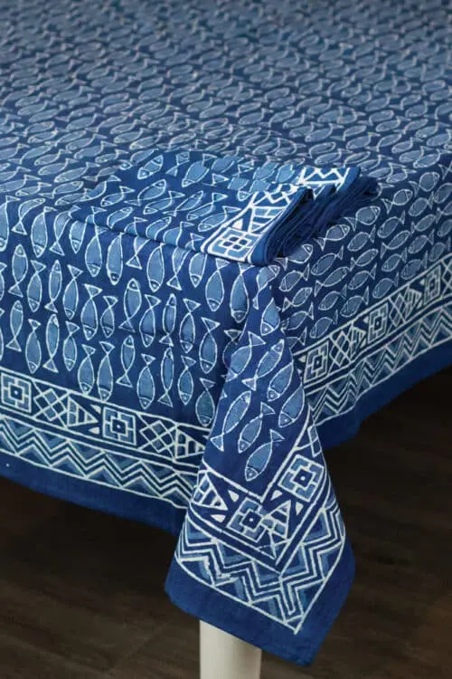 Indigo Fish Tablecloth with Napkins