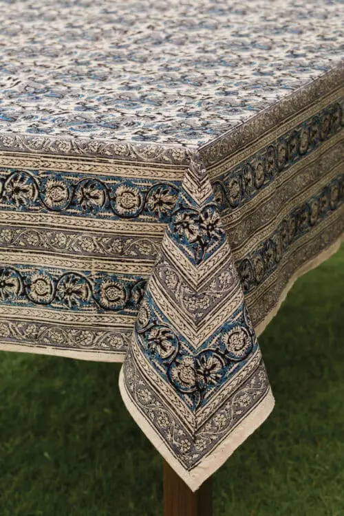 Blue Floral Block Print Tablecloth