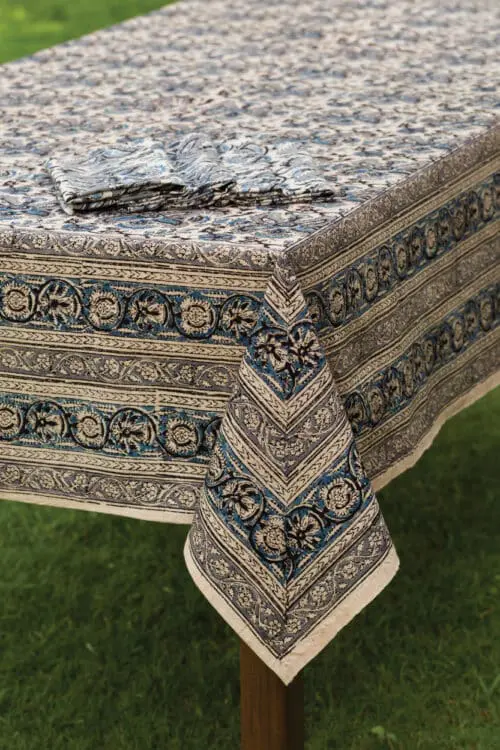 Blue Floral Block Print Tablecloth