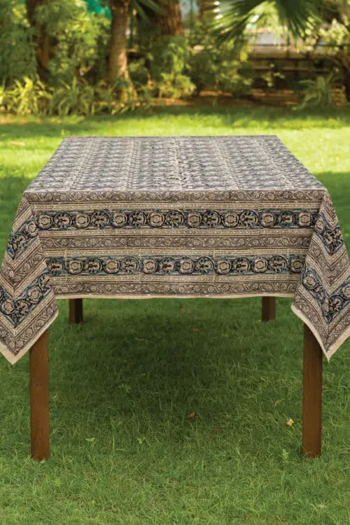 Blue Floral Block Print Tablecloth