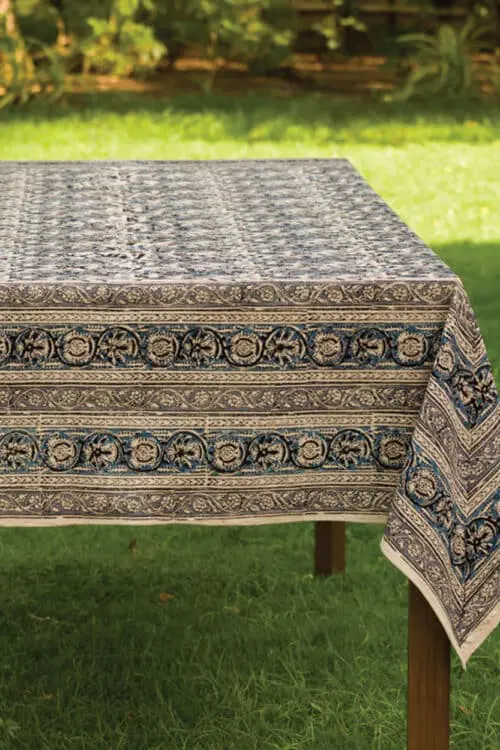 Blue Floral Block Print Tablecloth