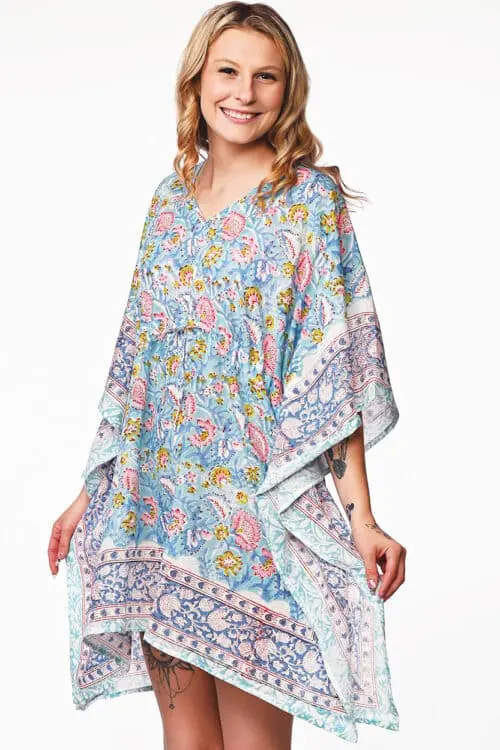 Floral Blue Cotton Caftan Dress