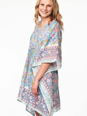 Floral Blue Cotton Caftan Dress