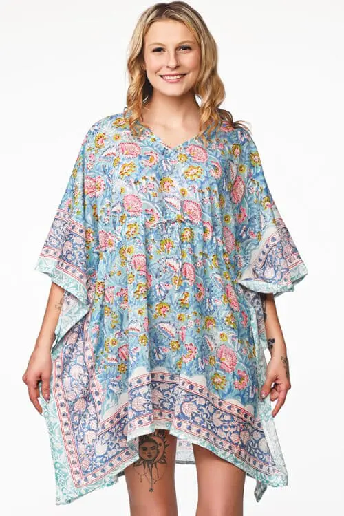 Floral Blue Cotton Caftan Dress