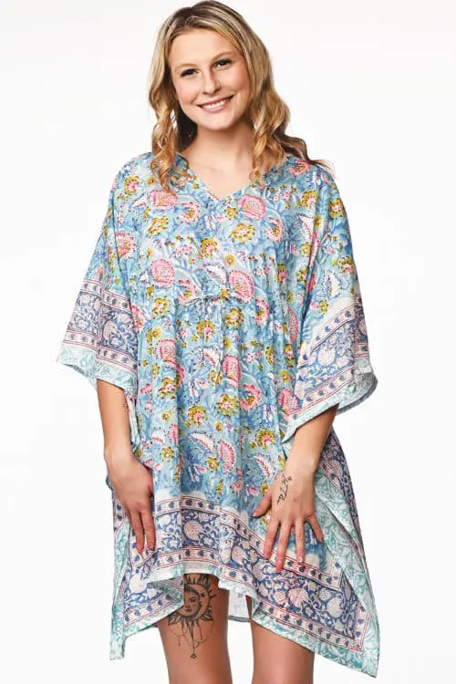 Floral Blue Cotton Caftan Dress