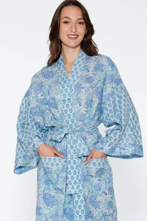 Light Blue Floral Kimono Robe