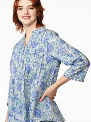 Tamira Blue Block Print Tunic Top