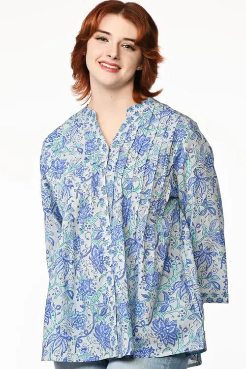 Tamira Blue Block Print Tunic Top