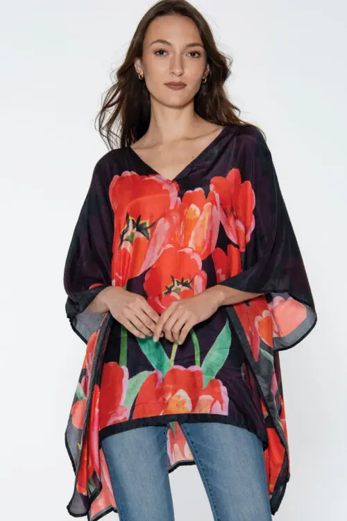 Shalini Red Poppies Caftan Top
