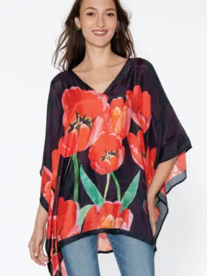 Shalini Red Poppies Caftan Top