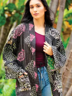 Reversible Black Kantha Kimono Jacket KM-19