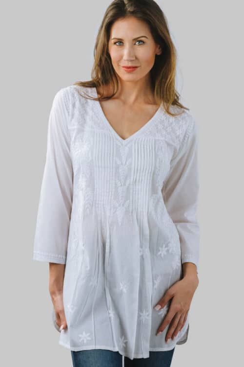Fair Trade Hand Embroidered White Tunic Top with Chikankari Embroidery