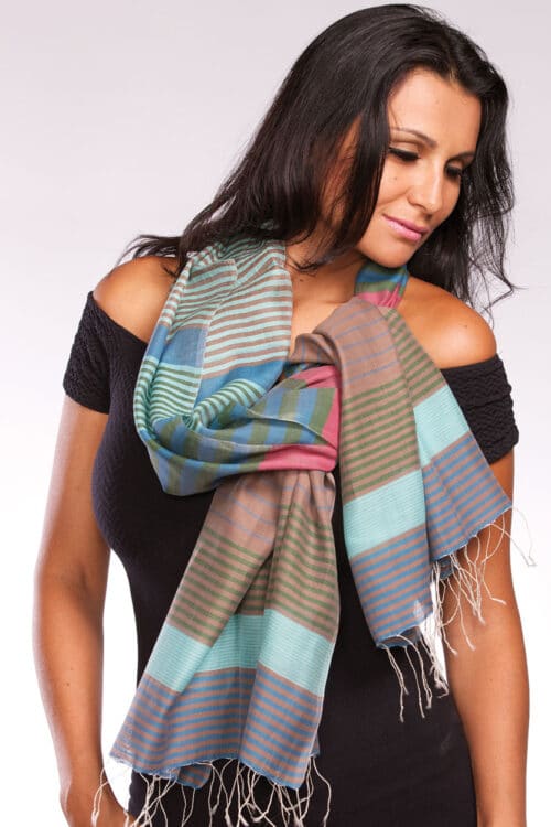 Fair Trade Striped Scarf in Blue and Taupe